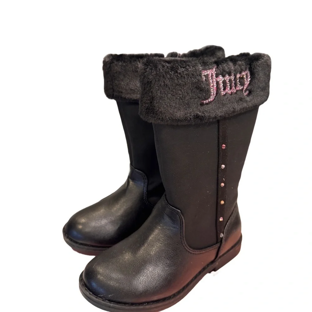 NEW Juicy Couture Girls Winter Boots Toddler Size 10 Black Faux Fur & Rhinestone
